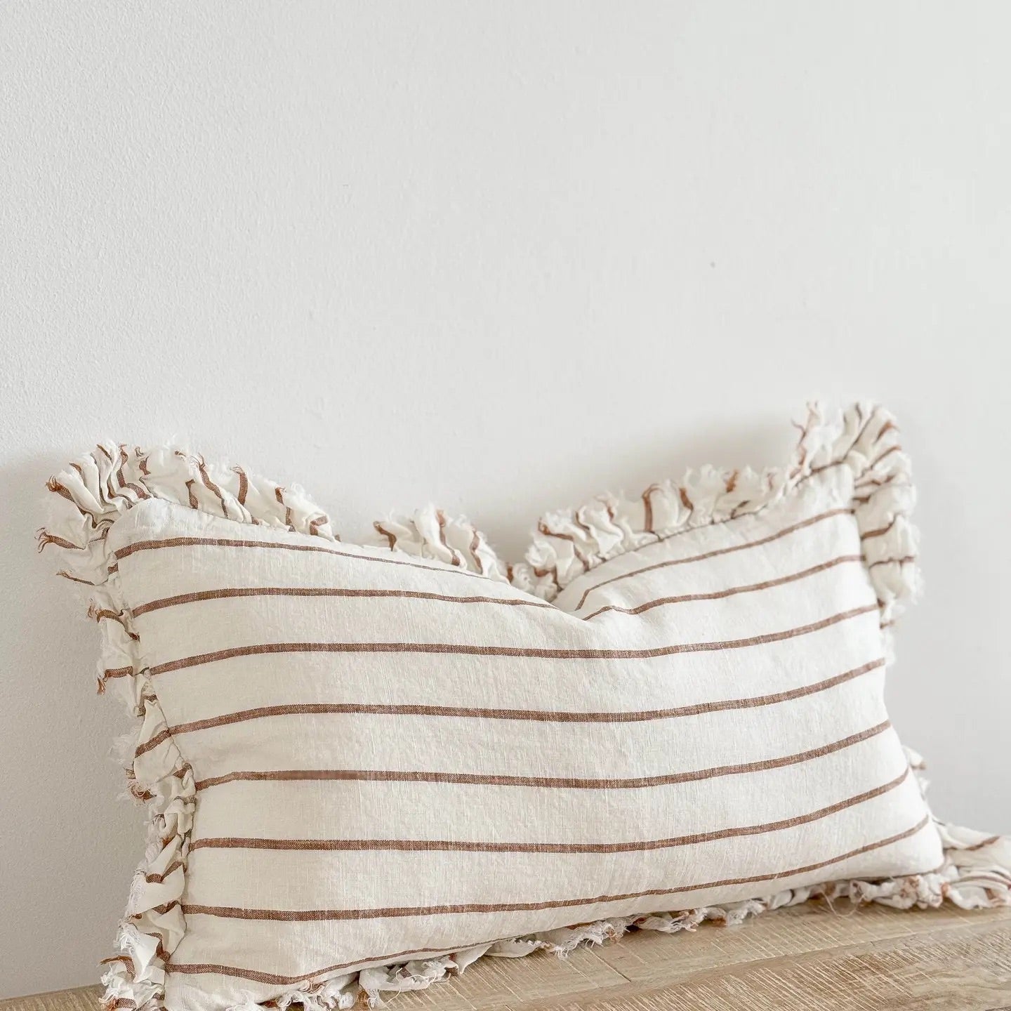 Hallie Ruffled Linen Cushion 50x30cm – Rust/Brown & Cream Stripe