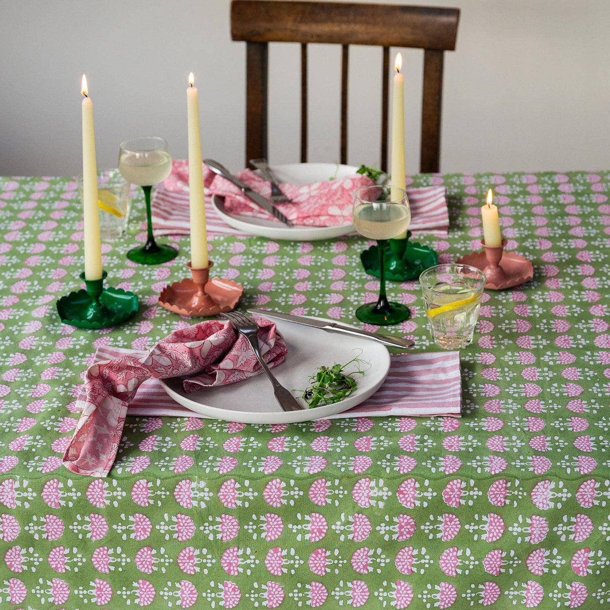 FAN YEABRIDGE GREEN hand block printed tablecloth - 2 sizes