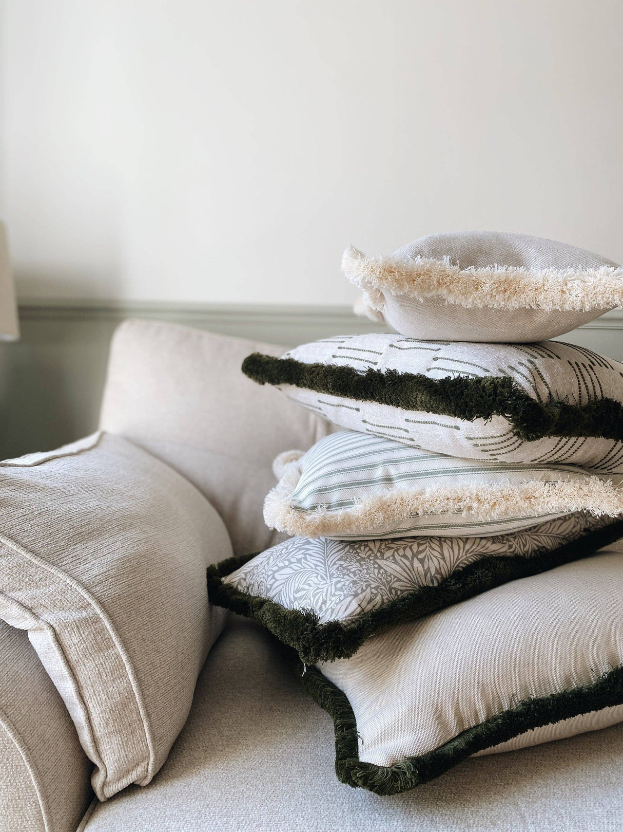 The Riley Green Ticking Stripe Fringed Cushion