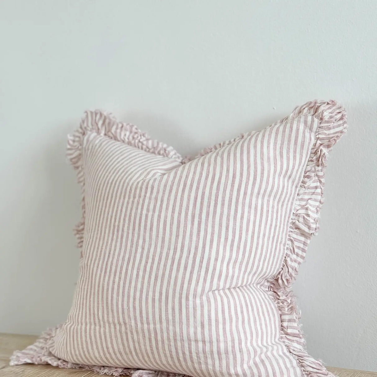 Hallie Ruffled Linen Cushion – Pink & Cream 45cm