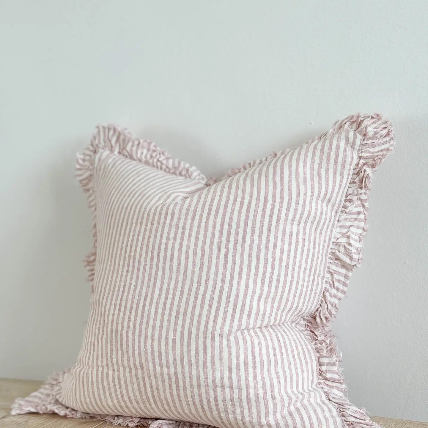 Hallie Ruffled Linen Cushion – Pink & Cream 45cm