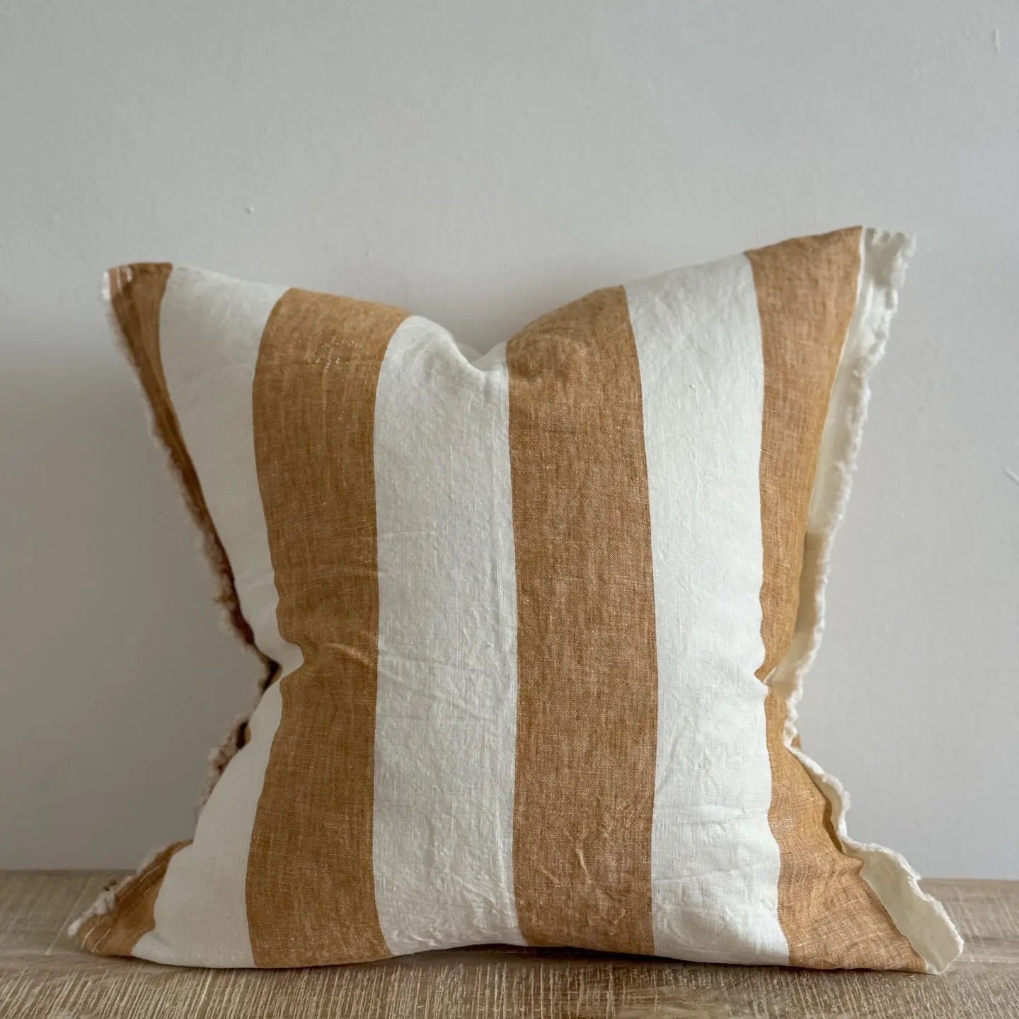 Esmee Linen Cushion  45cm – Frayed Edge Mustard Stripe
