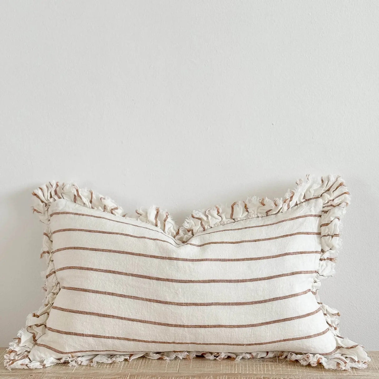 Hallie Ruffled Linen Cushion 50x30cm – Rust/Brown & Cream Stripe