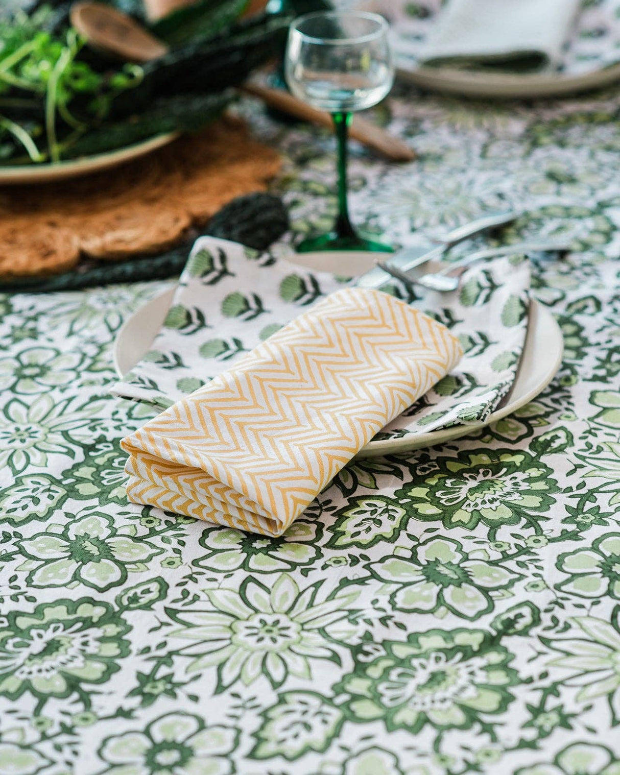 MEADOW GREEN hand block printed tablecloth - 2 sizes