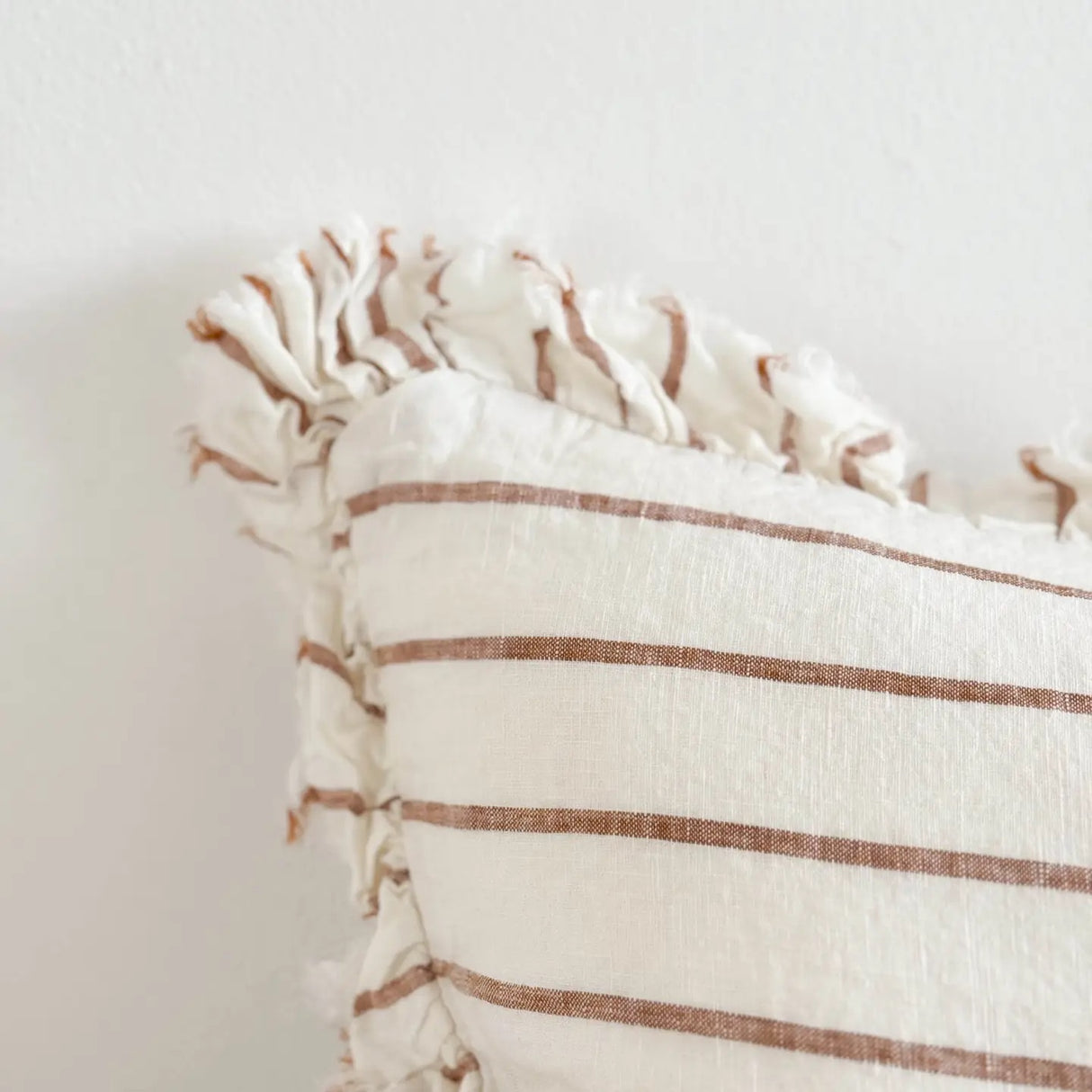 Hallie Ruffled Linen Cushion 50x30cm – Rust/Brown & Cream Stripe