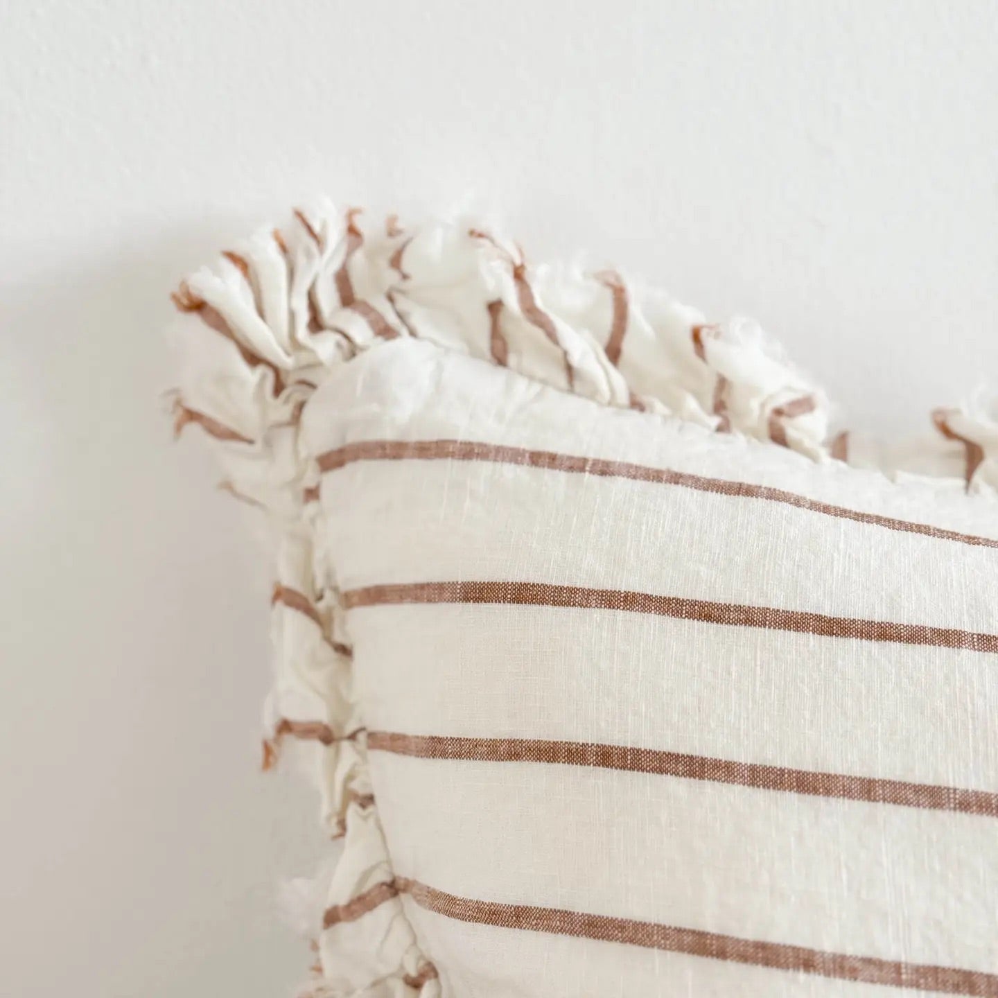Hallie Ruffled Linen Cushion 50x30cm – Rust/Brown & Cream Stripe