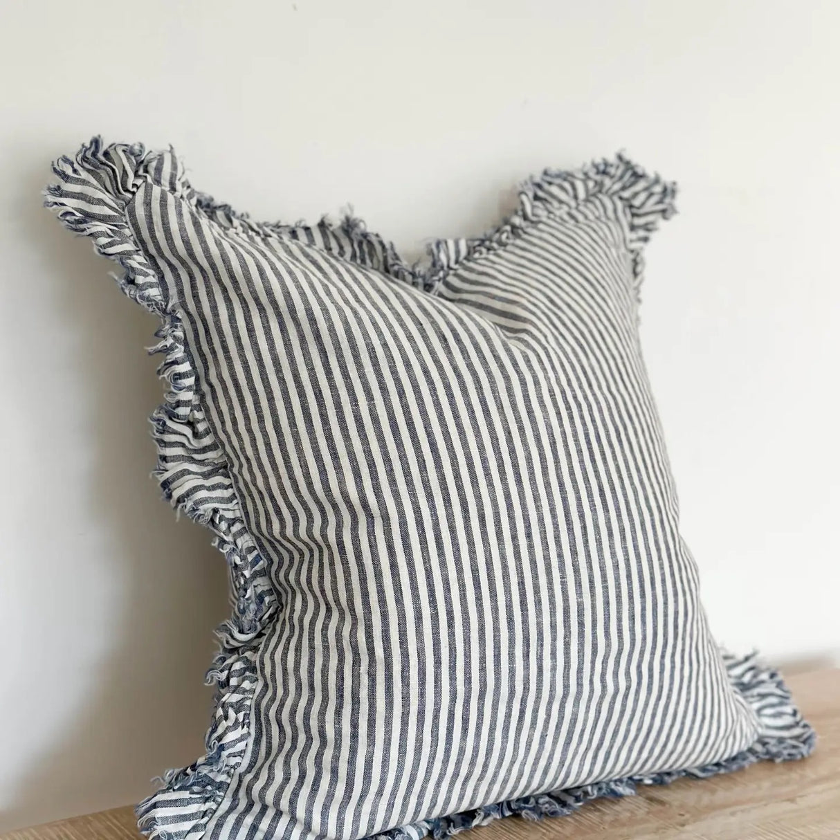 Hallie Ruffled Linen Cushion Cover 45cm – Navy Stripe