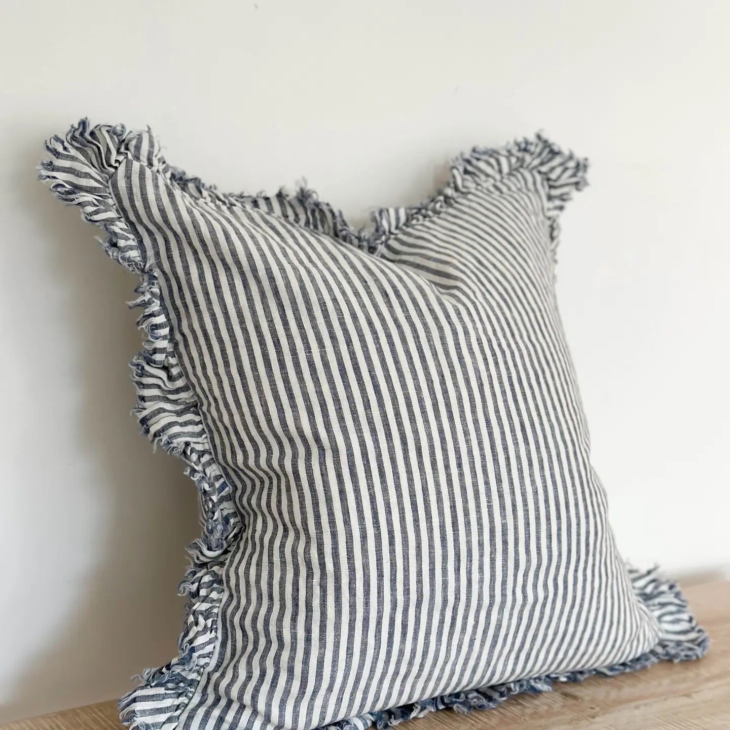 Hallie Ruffled Linen Cushion Cover 45cm – Navy Stripe
