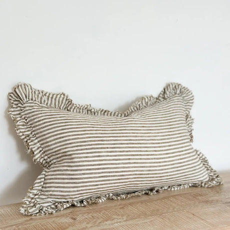 Hallie Ruffled Linen Cushion 50x30cm – Olive Stripe