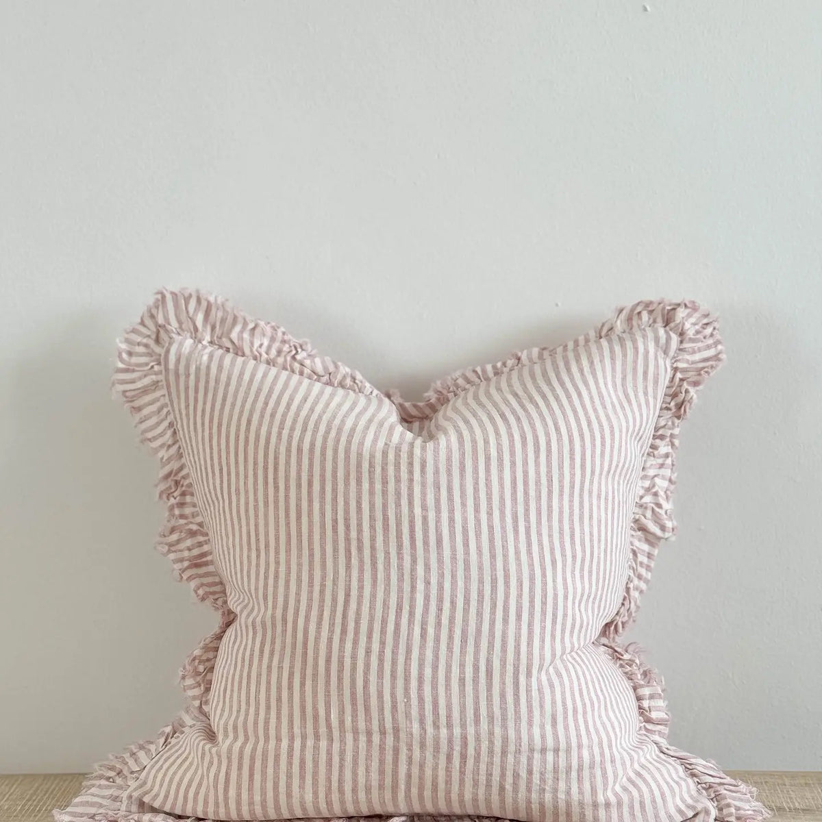 Hallie Ruffled Linen Cushion – Pink & Cream 45cm