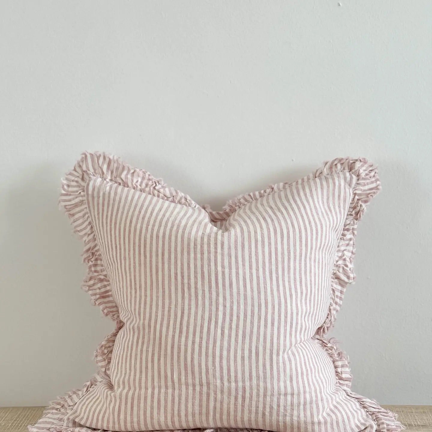 Hallie Ruffled Linen Cushion – Pink & Cream 45cm