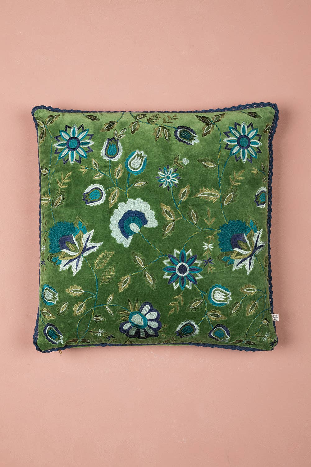 Blue on Green Velvet Floral Embroidered Cushion Cover