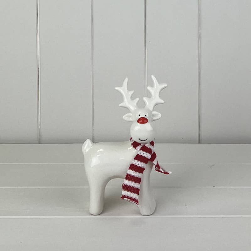 White Ceramic Reindeer Ornament With Knitted Scarf