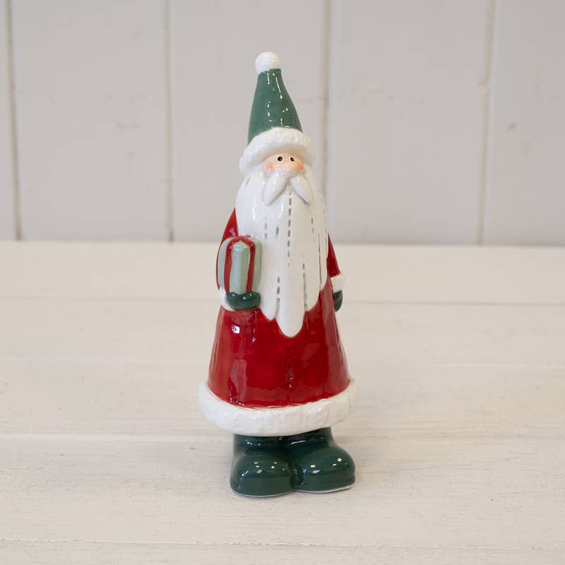 Ceramic Red Santa Holding A Present Large