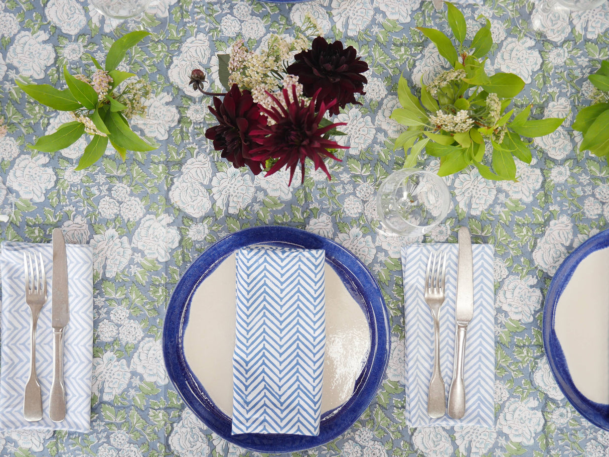 IN BLOOM BLUE hand block printed tablecloth - 2 sizes