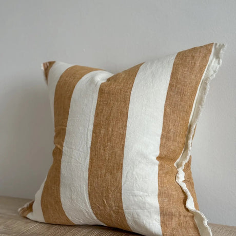 Esmee Linen Cushion  45cm – Frayed Edge Mustard Stripe