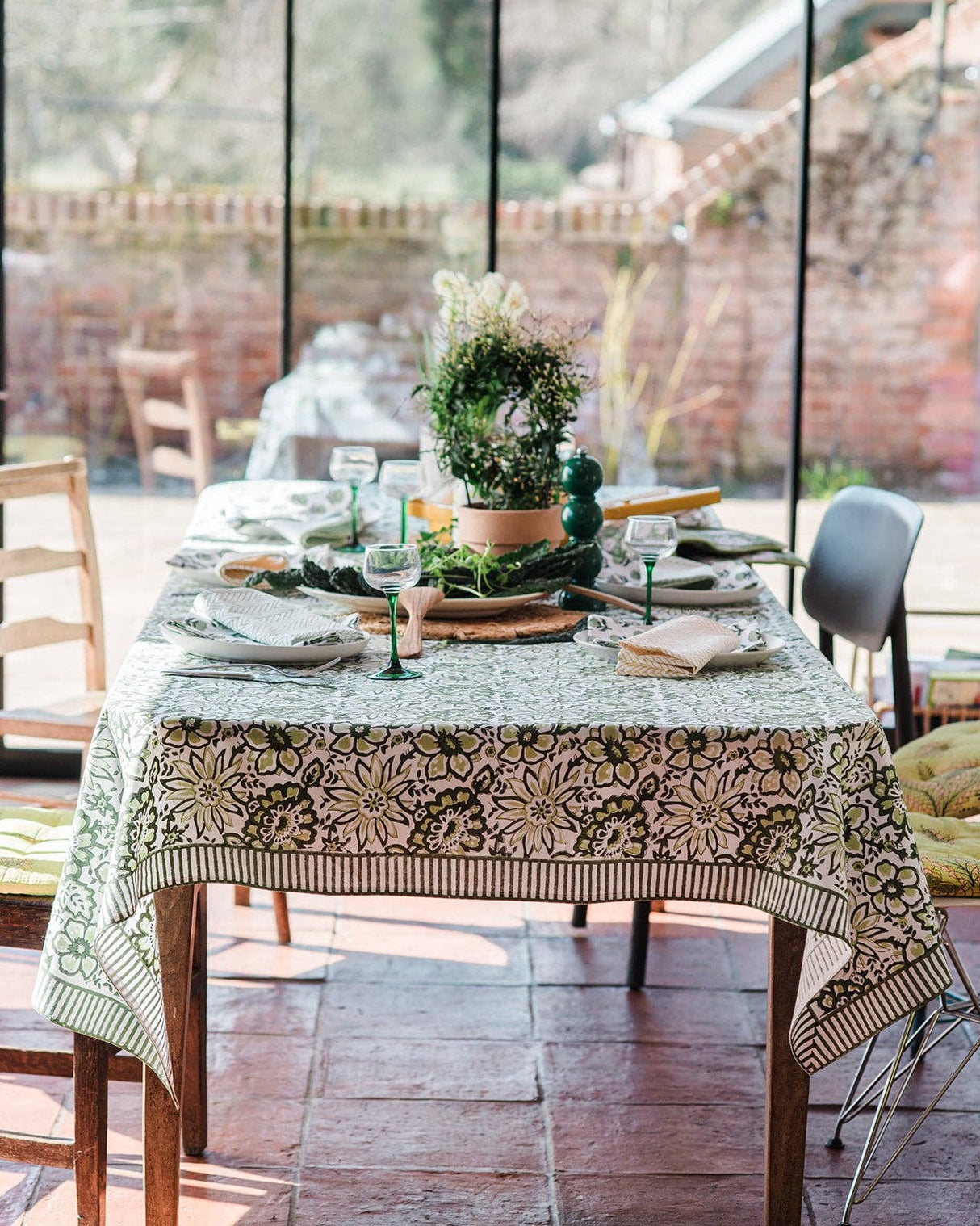 MEADOW GREEN hand block printed tablecloth - 2 sizes