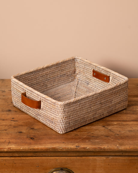 WHITE LIMED RATTAN BASKET WITH LEATHER HANDLE