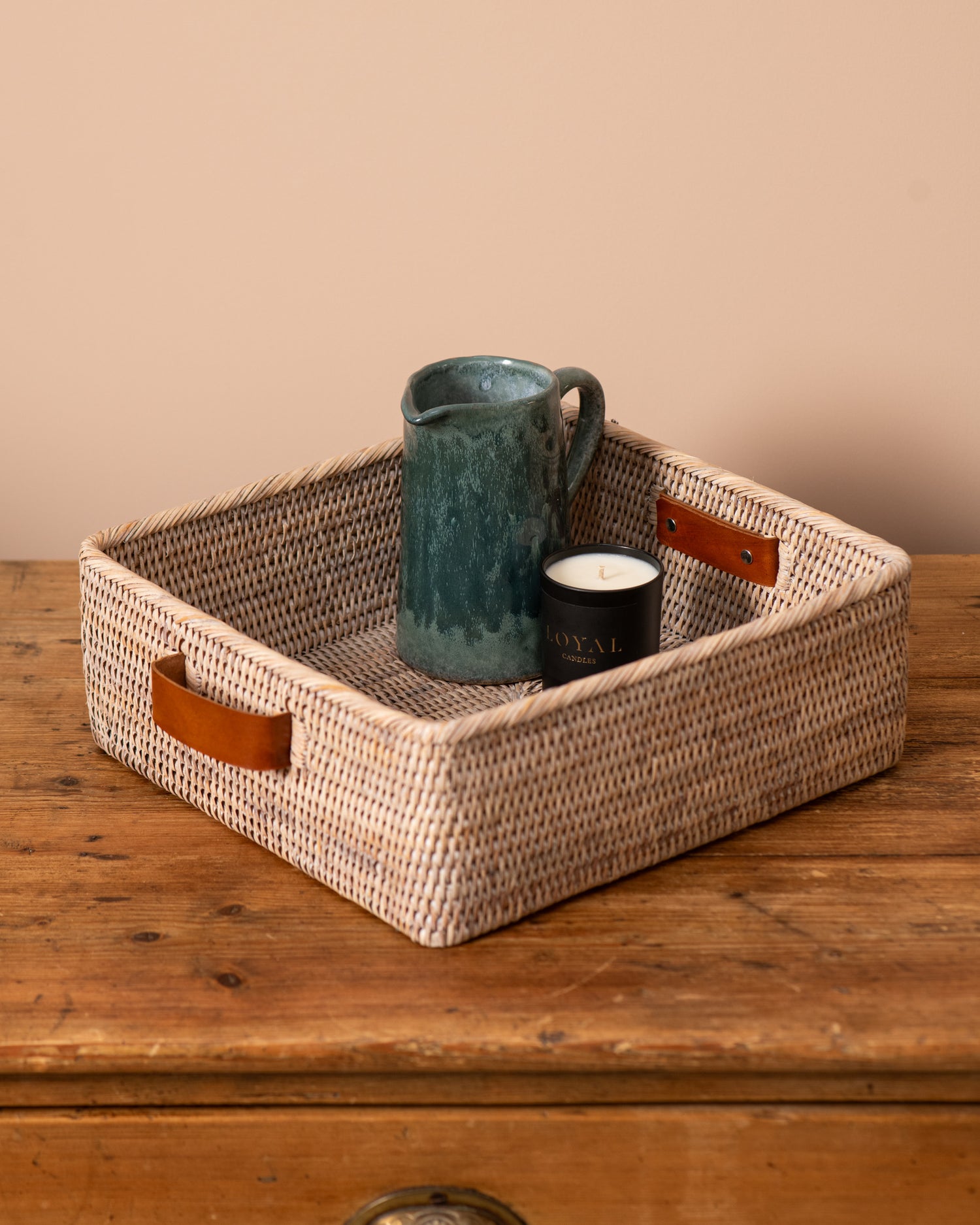 WHITE LIMED RATTAN BASKET WITH LEATHER HANDLE