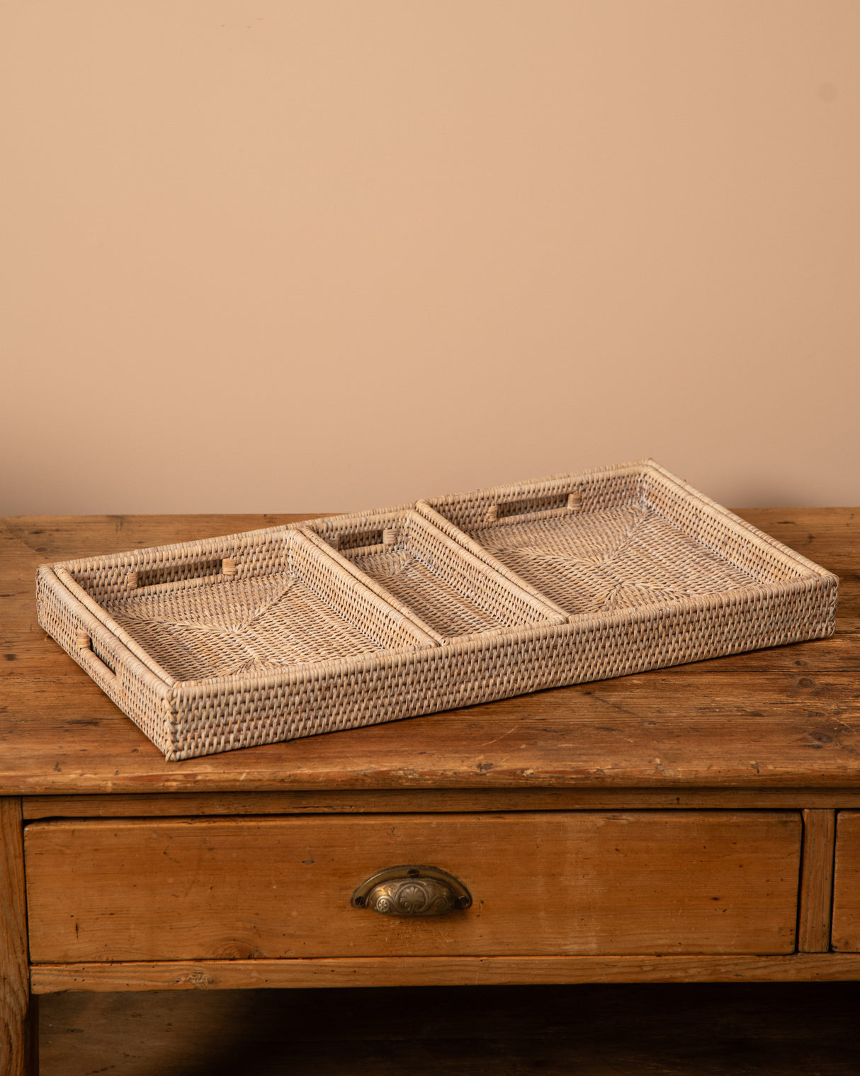 WHITE LIMED RATTAN FOUR IN ONE SET OF TRAYS