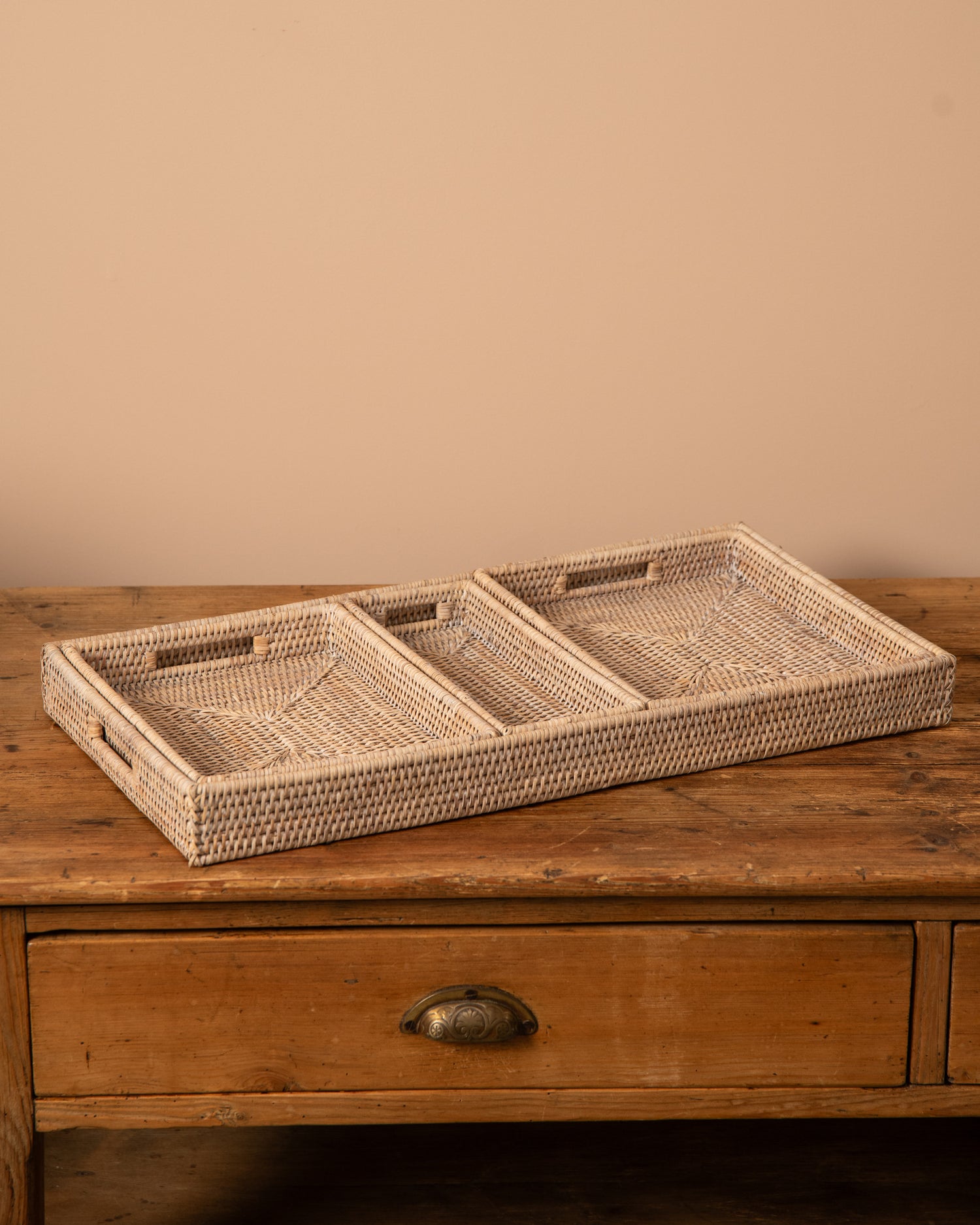WHITE LIMED RATTAN FOUR IN ONE SET OF TRAYS