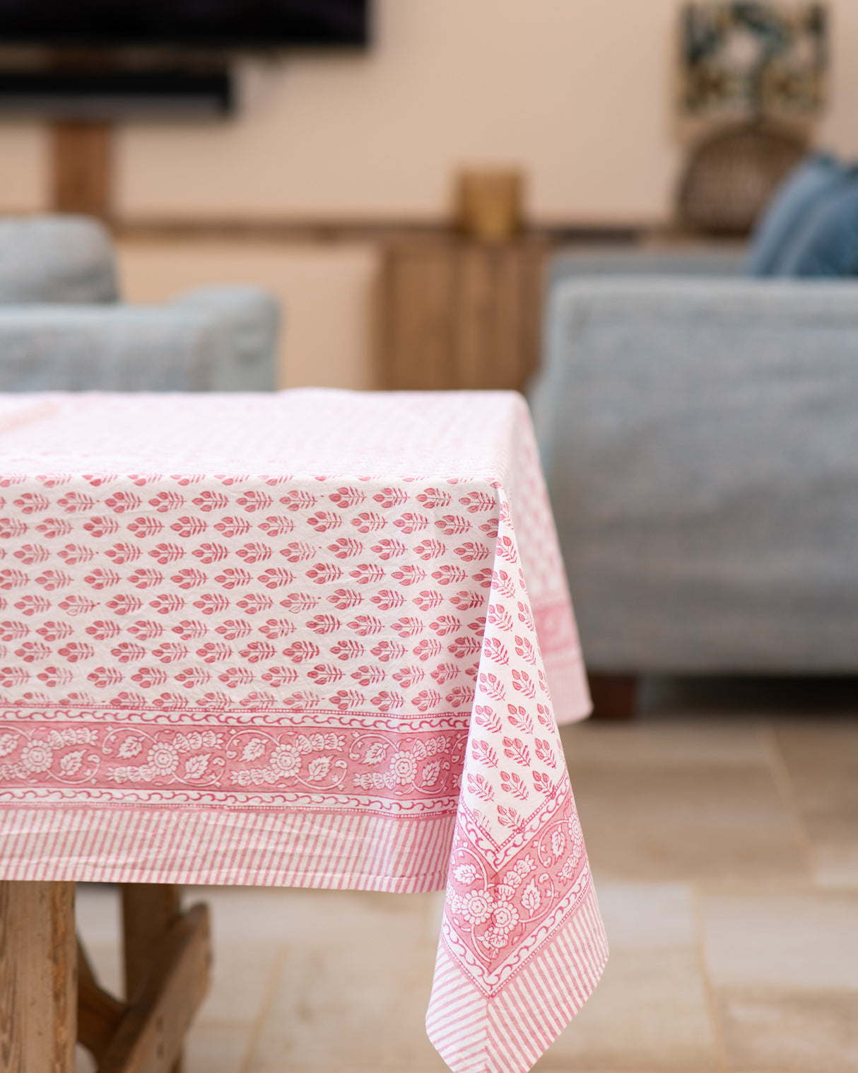 Pretty in Pink Cotton Hand Block Printed Tablecloth - 4 sizes