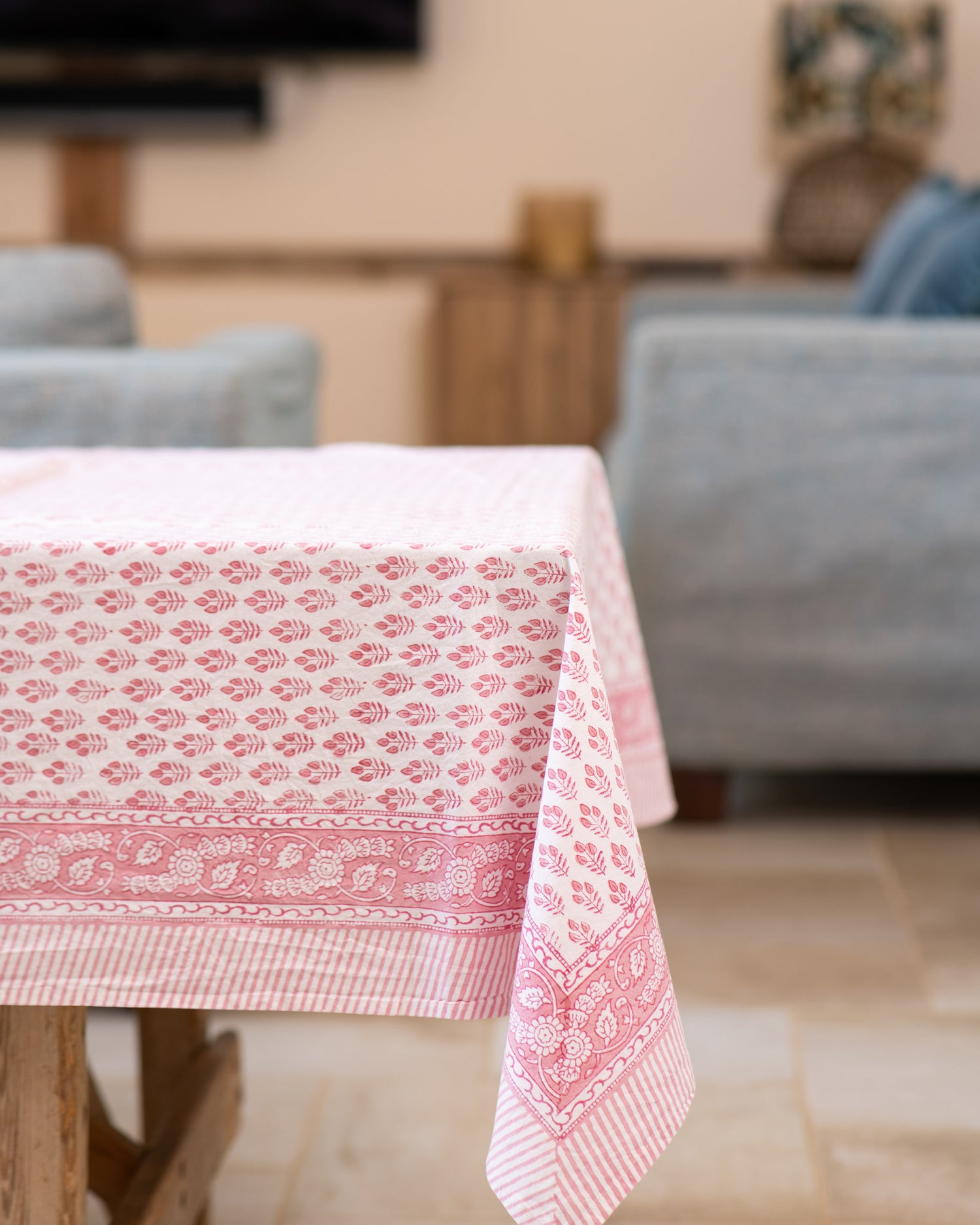 Pretty in Pink Cotton Hand Block Printed Tablecloth - 4 sizes