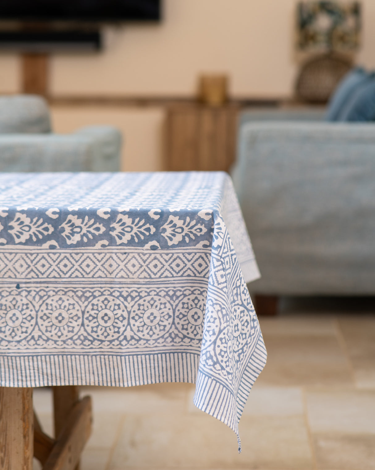 NEELA Dusky blue hand block print tablecloth Medium