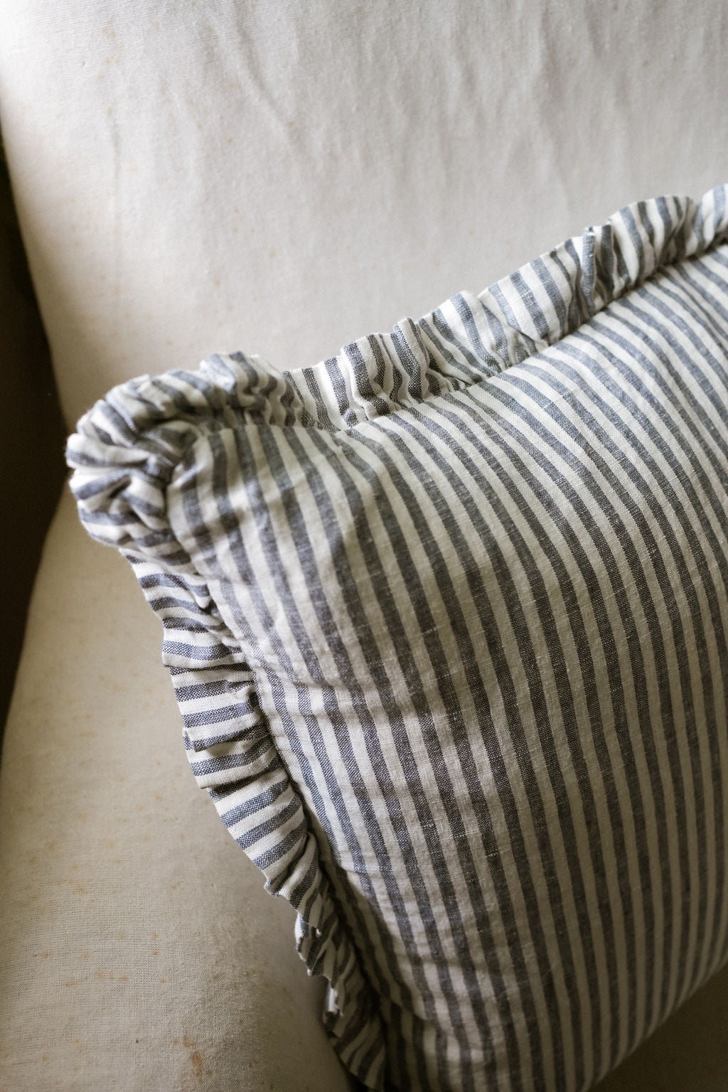 The Provence Ticking Stripe Washed Linen Cushion Blue 40cm