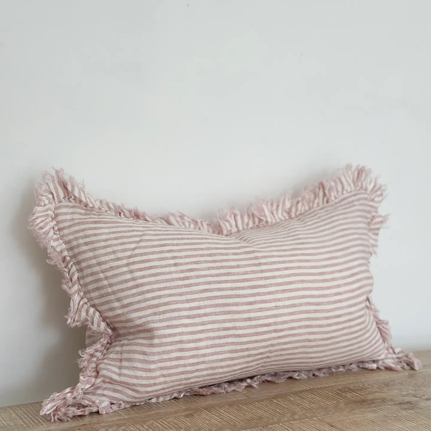 Hallie Ruffled Linen Cushion 50x30cm – Pink Stripe