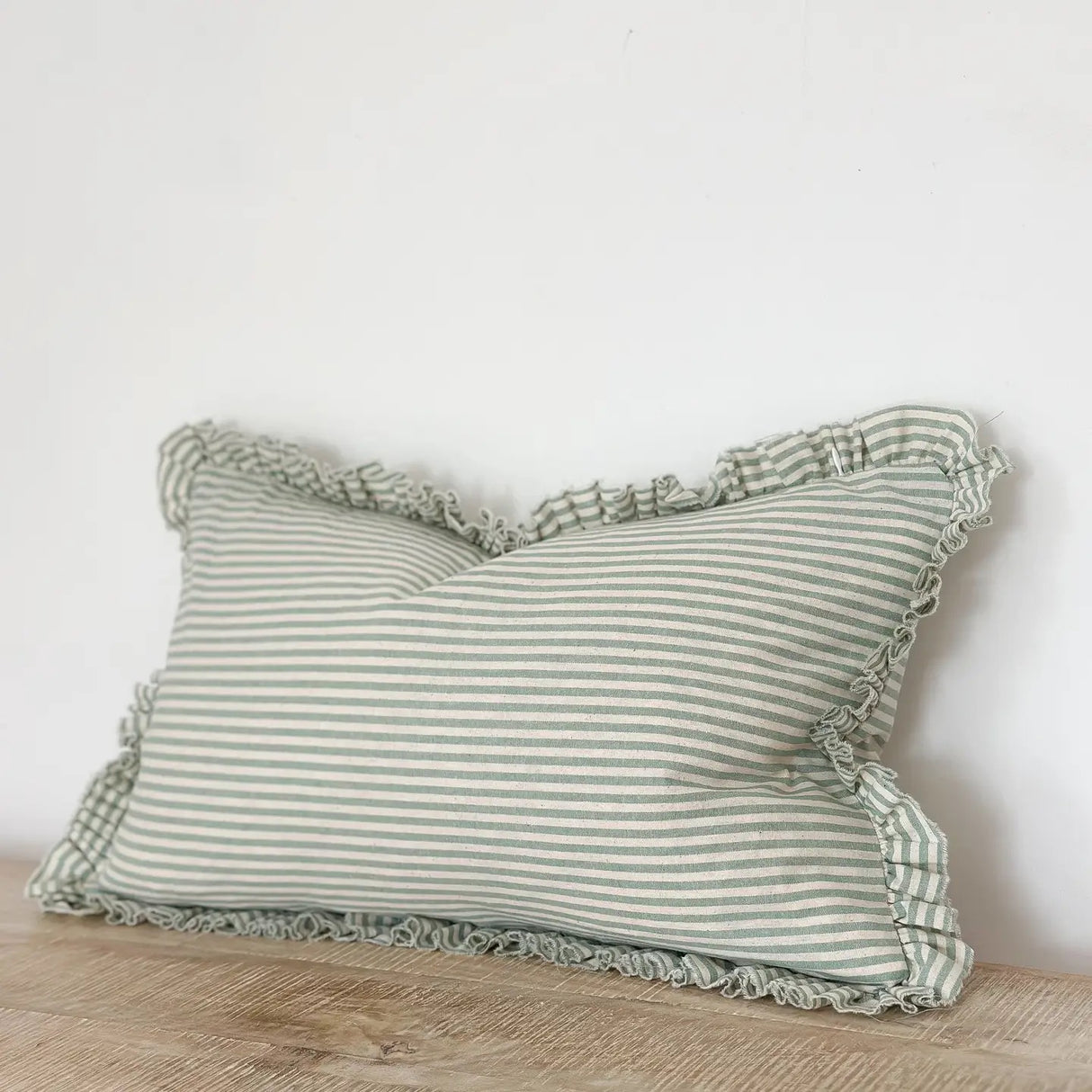 Darcy Ruffle Cotton Cushion 50x30cm – Sage Green Stripe
