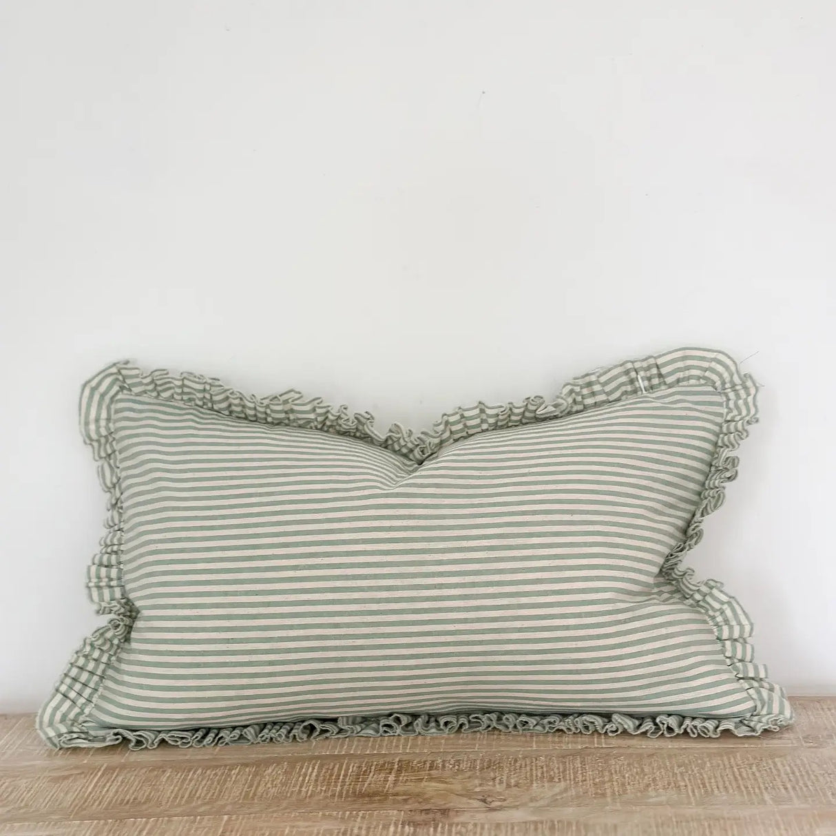 Darcy Ruffle Cotton Cushion 50x30cm – Sage Green Stripe