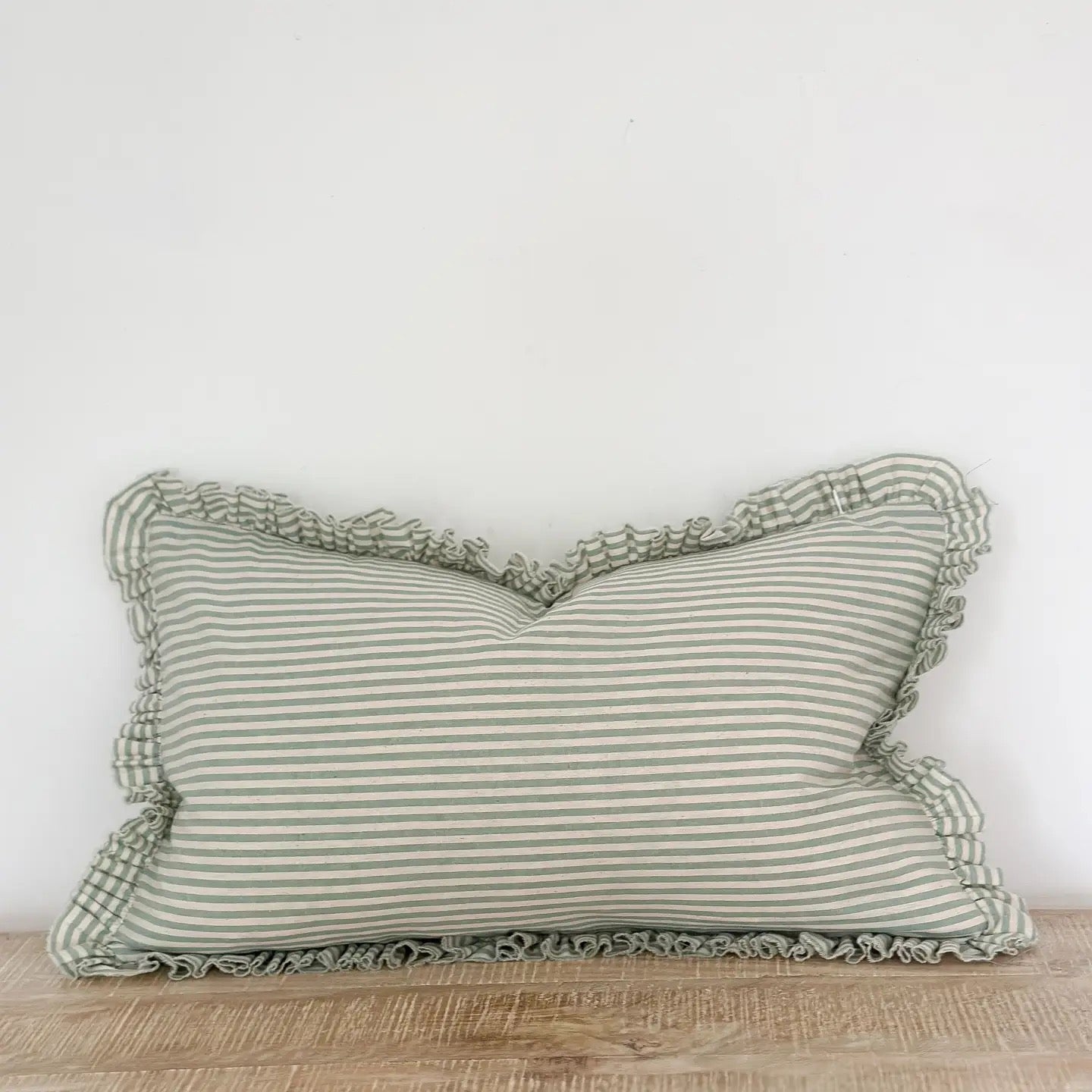 Darcy Ruffle Cotton Cushion 50x30cm – Sage Green Stripe