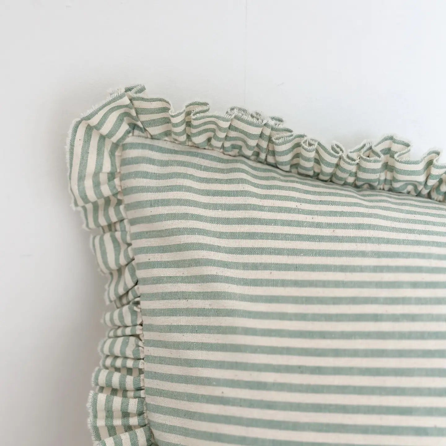 Darcy Ruffle Cotton Cushion 50x30cm – Sage Green Stripe