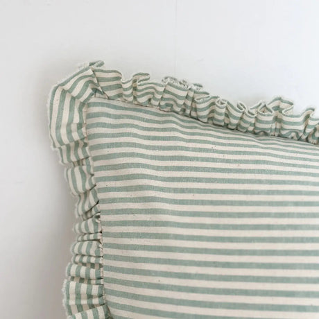 Darcy Ruffle Cotton Cushion 50x30cm – Sage Green Stripe
