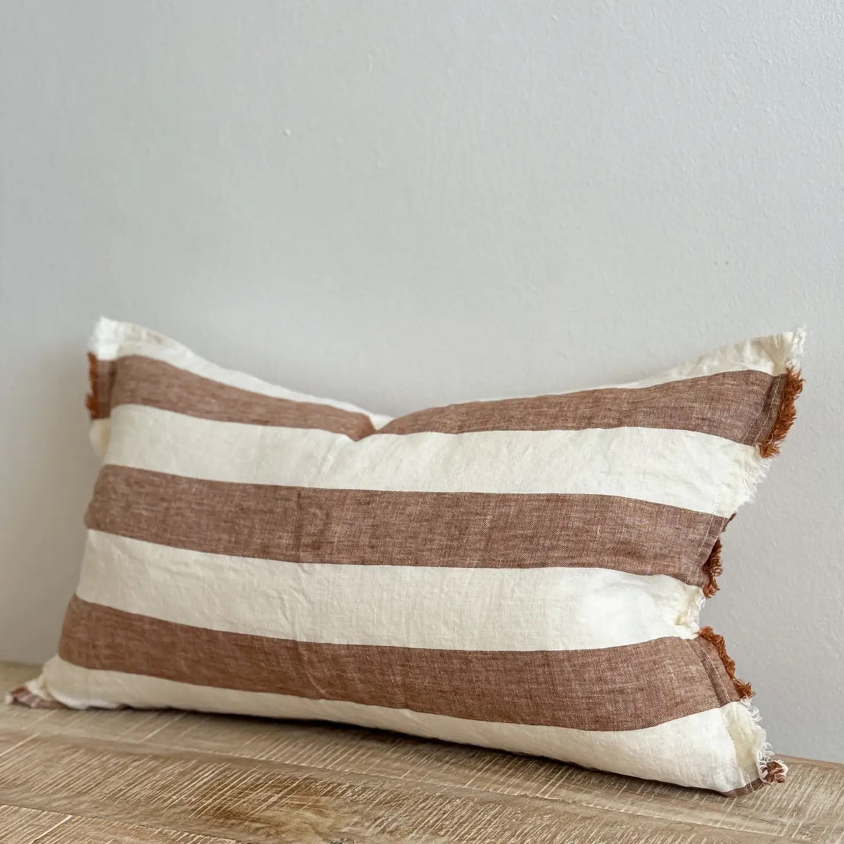 Esmee Frayed Edge Linen Cushion – Rust Wide Stripe