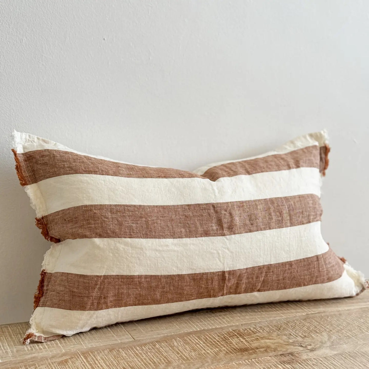Esmee Frayed Edge Linen Cushion – Rust Wide Stripe
