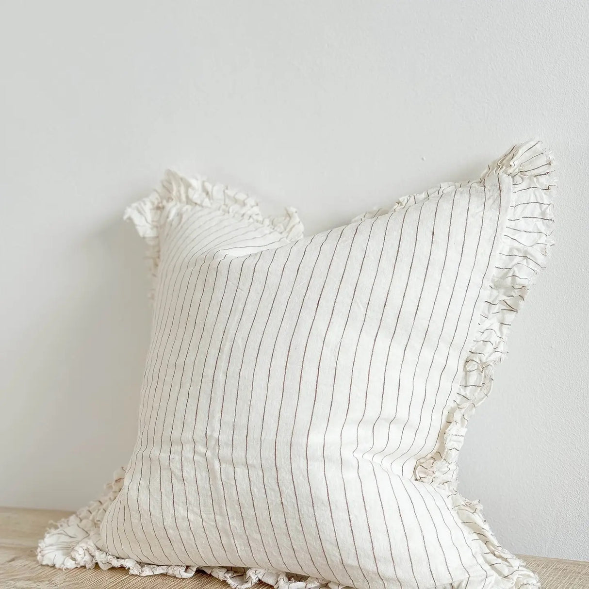 Hallie Ruffled Linen Cushion 45cm – Rust pinstripe