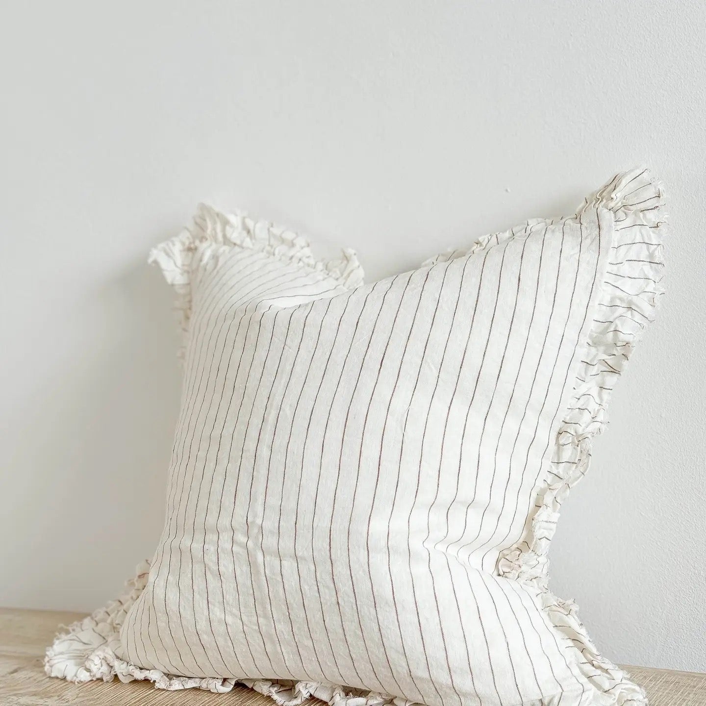 Hallie Ruffled Linen Cushion 45cm – Rust pinstripe