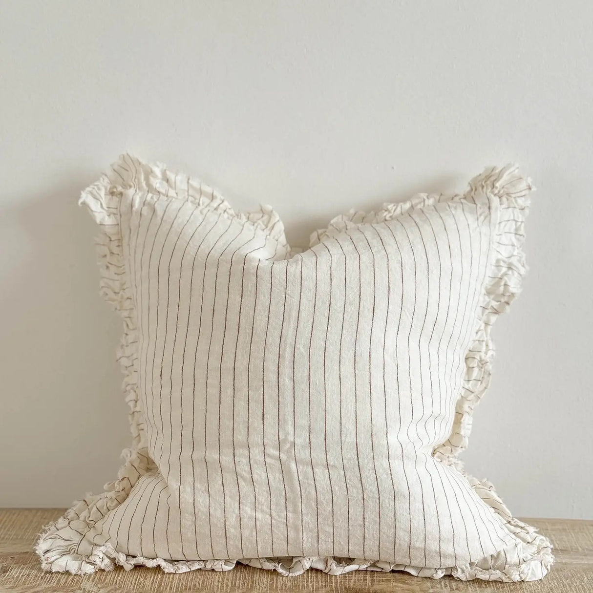 Hallie Ruffled Linen Cushion 45cm – Rust pinstripe