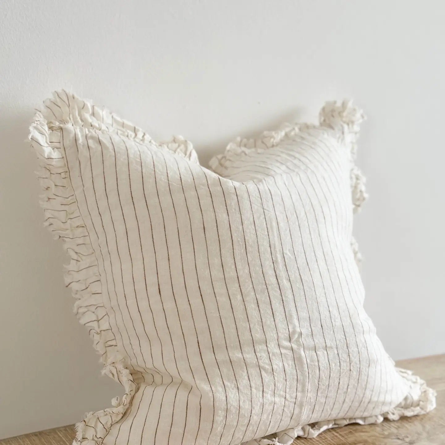 Hallie Ruffled Linen Cushion 45cm – Rust pinstripe