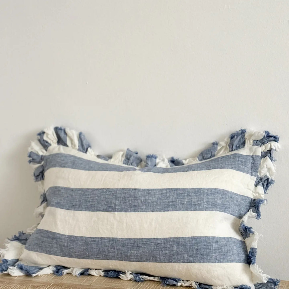 Hallie Blue Wide Stripe Cushion Cover 50x30–Ruffle Edge