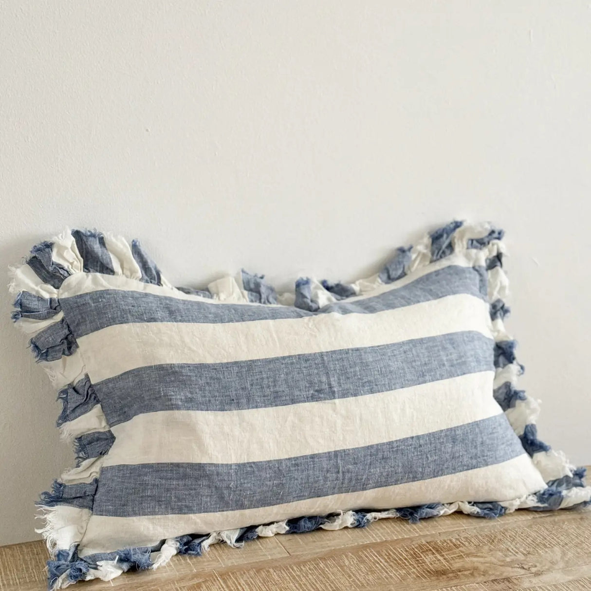 Hallie Blue Wide Stripe Cushion Cover 50x30–Ruffle Edge