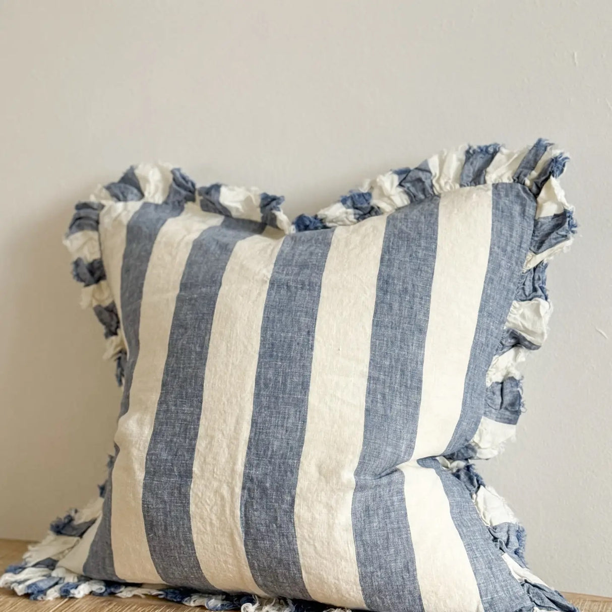 Hallie Blue Wide Stripe Cushion 45cm – Ruffle Edge