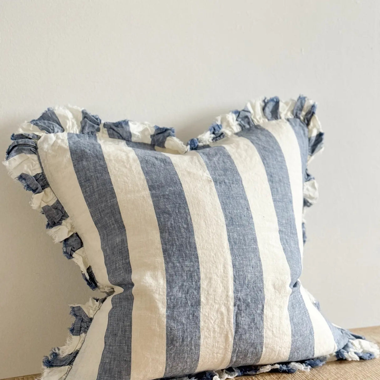 Hallie Blue Wide Stripe Cushion 45cm – Ruffle Edge