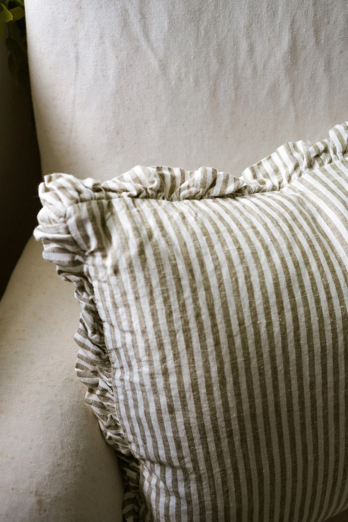 The Provence Ticking Stripe Washed Linen Cushion Olive 40cm