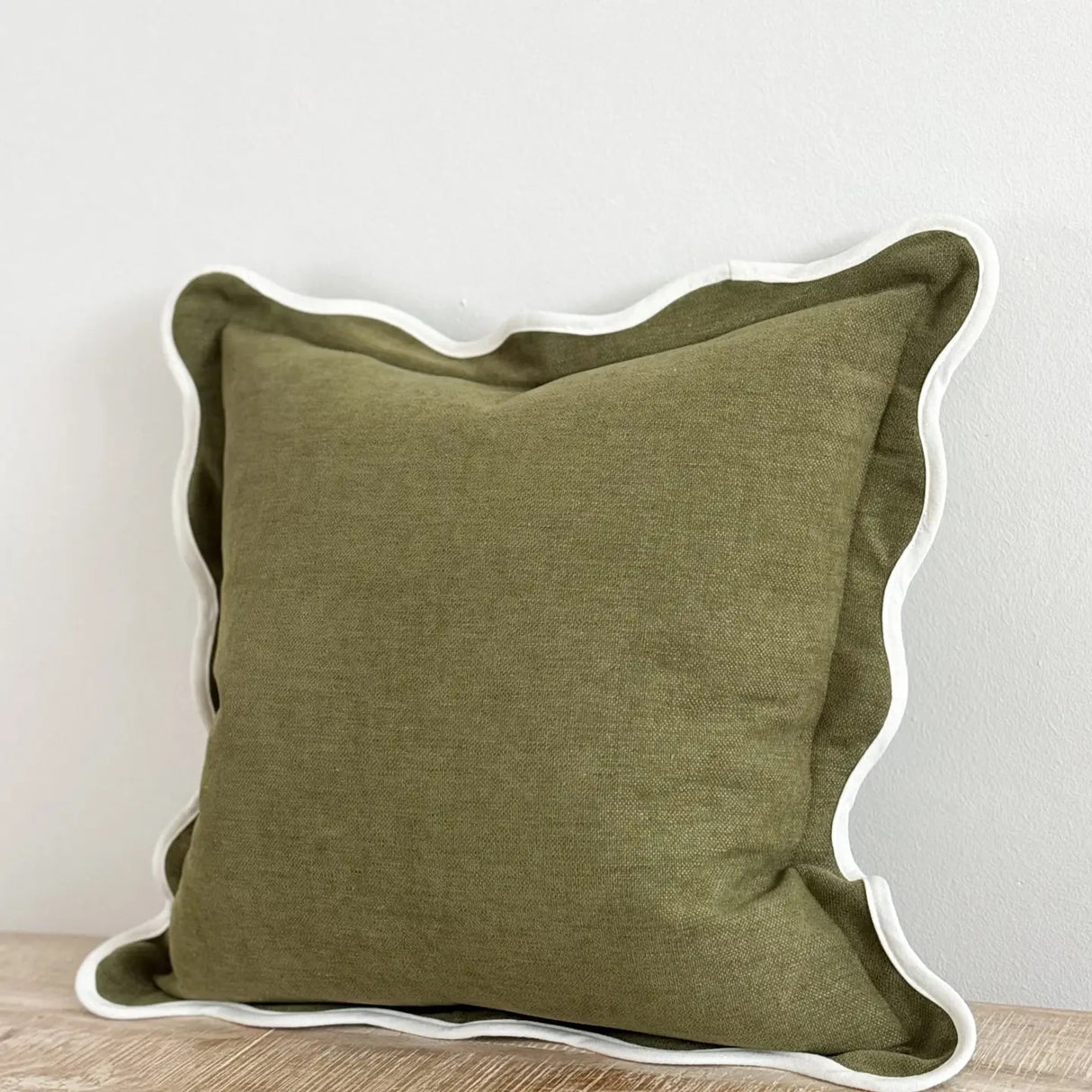 Chloe Olive Scalloped Cushion  45cm - Linen Blend