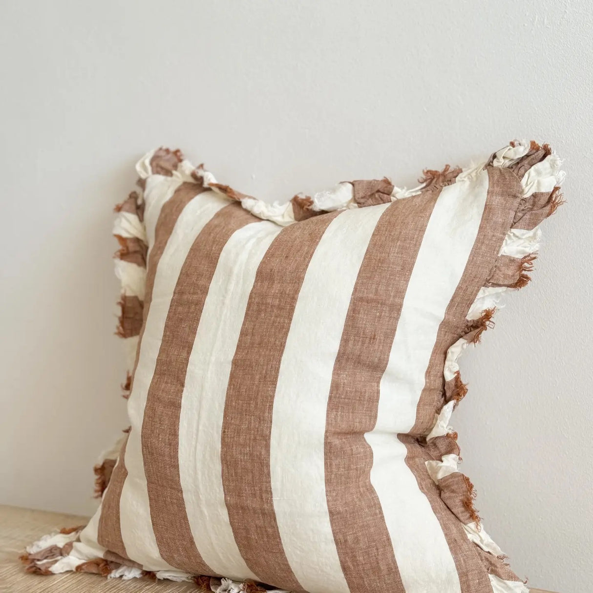 Hallie Ruffled Linen Cushion –Wide Rust Stripe 45cm