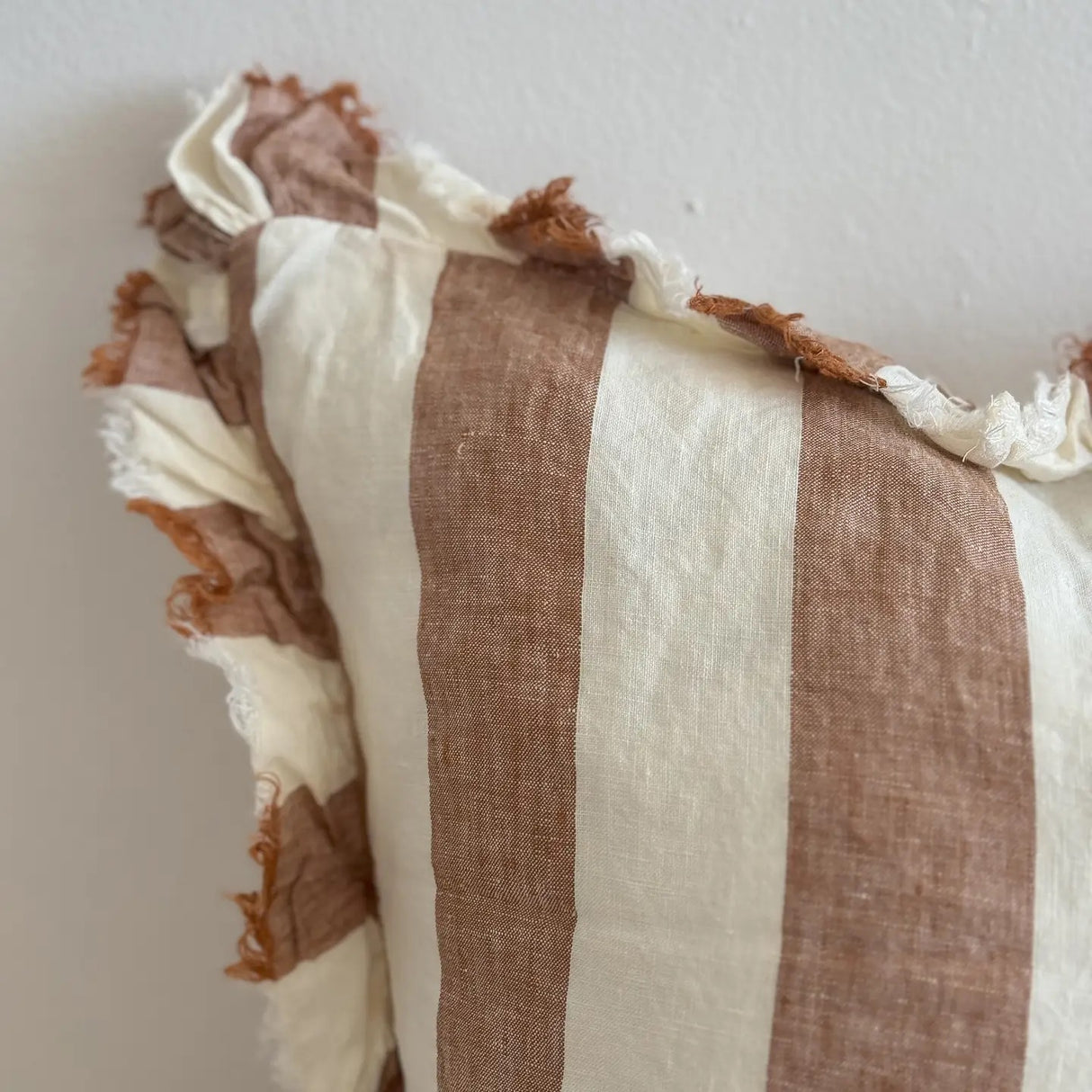 Hallie Ruffled Linen Cushion –Wide Rust Stripe 45cm
