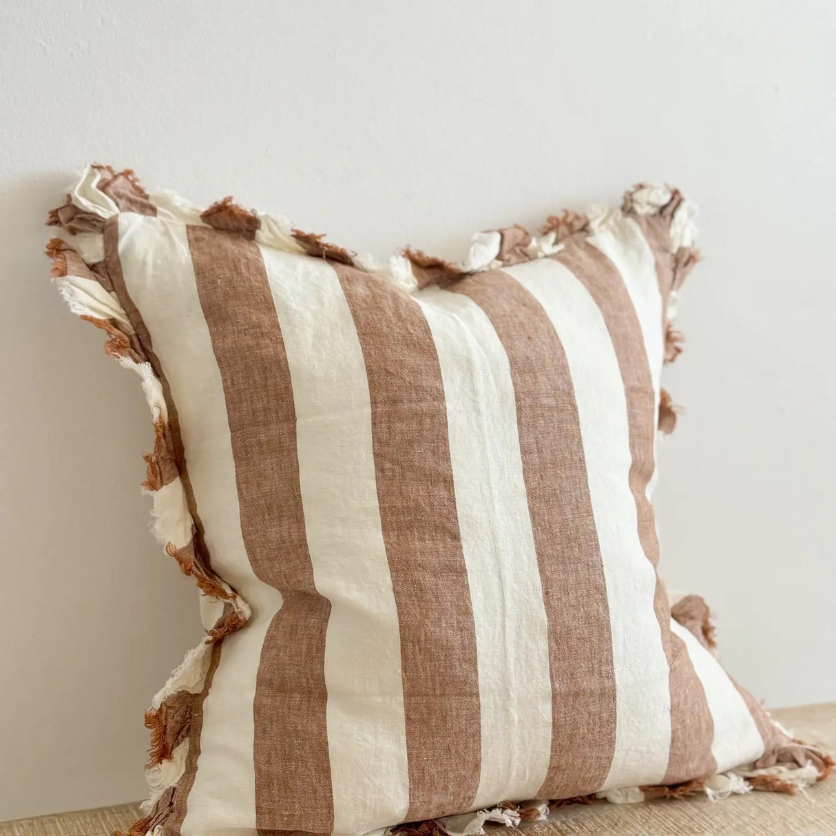Hallie Ruffled Linen Cushion –Wide Rust Stripe 45cm